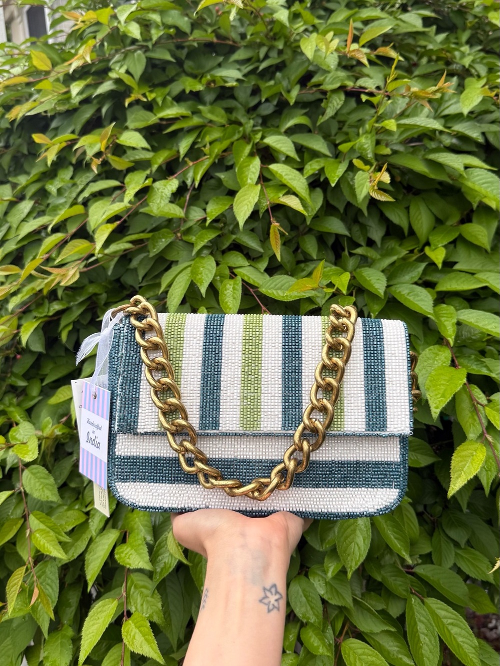 Striped Green Blue White Beaded Gold Thick Chain Strap Viral TikTok  Bag NWT